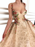 Fashion 3D Floral Spaghetti Straps Ball Gown Lace Prom Dresses Evening Formal Dress