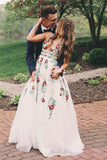 Fashion A Line Deep V Neck Lace White Long Prom Dresses Formal Evening Fancy Dress