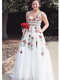 Fashion A Line Deep V Neck Lace White Long Prom Dresses Formal Evening Fancy Dress