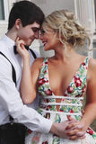 Fashion A Line Deep V Neck Lace White Long Prom Dresses Formal Evening Fancy Dress