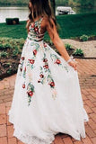 Fashion A Line Deep V Neck Lace White Long Prom Dresses Formal Evening Fancy Dress