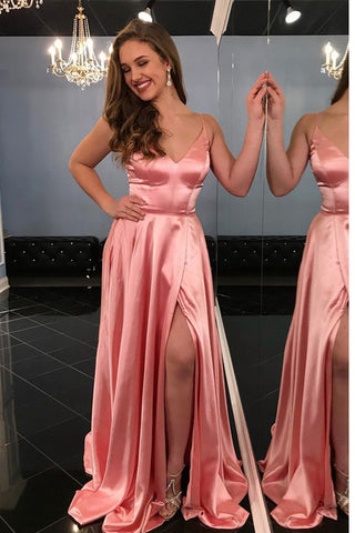 Spaghetti Straps A Line V Neck Elegant Pink Long Prom Dresses Formal Evening Fancy Dress