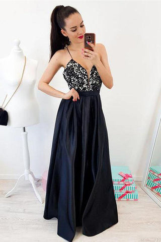 Navy Blue Backless A Line Deep V Neck Beaded Long Prom Dresses Formal Evening Dress