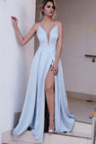 Light Blue High Quality Deep V Neck Long Party Gowns Prom Dress