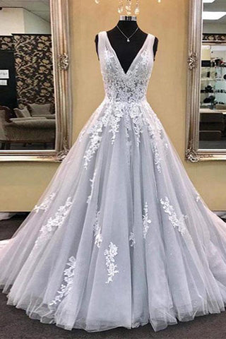 A Line V Neck Lace Appliques Tulle Long Prom Dresses Formal Evening Quinceanera Dress
