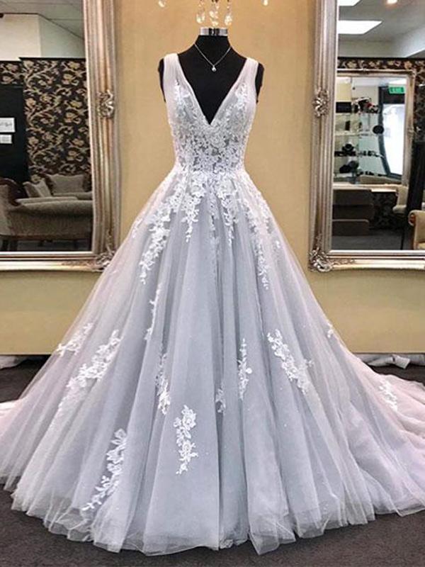 A Line V Neck Lace Appliques Tulle Long Prom Dresses Formal Evening Quinceanera Dress