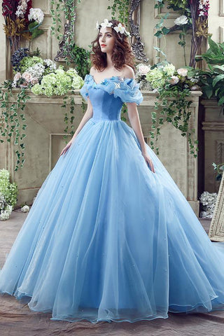 Princess Ball Gown Off the Shoulder Light Blue Prom Dresses Formal Evening Quinceanera Dress