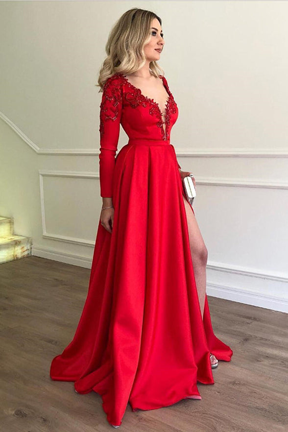 Deep V Neck Long Sleeves Red Slit Prom Dresses Formal Evening Dress ...