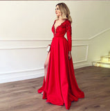 Deep V Neck Long Sleeves Lace Appliques Red Slit Prom Dresses Formal Evening Fancy Dress LD1842