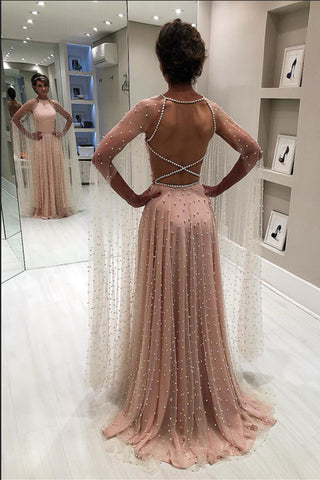 New Arrival High Neck Pearls Open Back Long Prom Dresses Formal Evening Fancy Dress