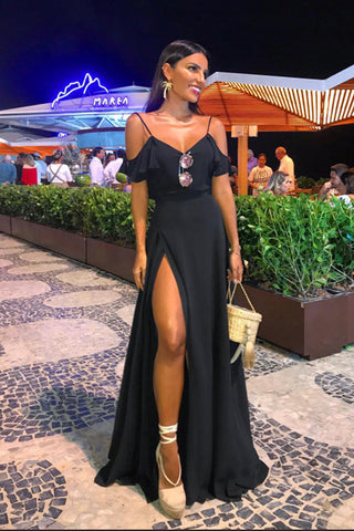Black Chiffon Spaghetti Straps Backless Split Elegant Long Prom Dresses Formal Evening Dress