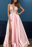 Fashion A Line Deep V Neck Lace Pink Slit Long Prom Dresses Formal Fancy Evening Dress