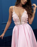 Fashion A Line Deep V Neck Lace Pink Slit Long Prom Dresses Formal Fancy Evening Dress