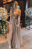 A Line Deep V Neck Beaded Crystal Slit Backless Long Prom Dresses