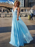 Fashion Halter V Neck Light Blue Beaded Long Prom Dresses Formal Evening Fancy Dress