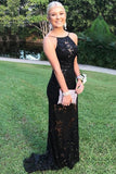 Open Back Spaghetti Straps Black Lace Mermaid Prom Dresses Formal Fancy Evening Dress