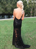 Open Back Spaghetti Straps Black Lace Mermaid Prom Dresses Formal Fancy Evening Dress