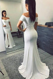 Off the Shoulder White Short Sleeves Mermaid Slit Long Prom Dresses Formal Evening Dress