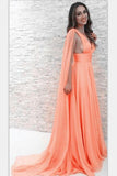 Charming A Line V Neck Orange Chiffon Ruffles Long Prom Dresses Formal Evening Party Dress