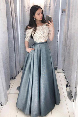 Two Piece Half Sleeves White Lace Off Shoulder Long Prom Dresses Formal Fancy Evening Dress