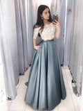 Two Piece Half Sleeves White Lace Off Shoulder Long Prom Dresses Formal Fancy Evening Dress
