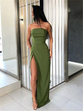 Fashion Strapless Green Sheath Slit Long Prom Dresses Formal Fancy Evening Dress Gowns