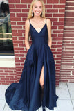 Navy Blue Spaghetti Straps V Neck Split Long Simple Prom Dresses Formal Fancy Evening Dress