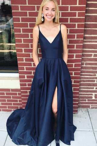 Navy Blue Spaghetti Straps V Neck Split Long Simple Prom Dresses Formal Fancy Evening Dress