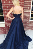 Navy Blue Spaghetti Straps V Neck Split Long Simple Prom Dresses Formal Fancy Evening Dress
