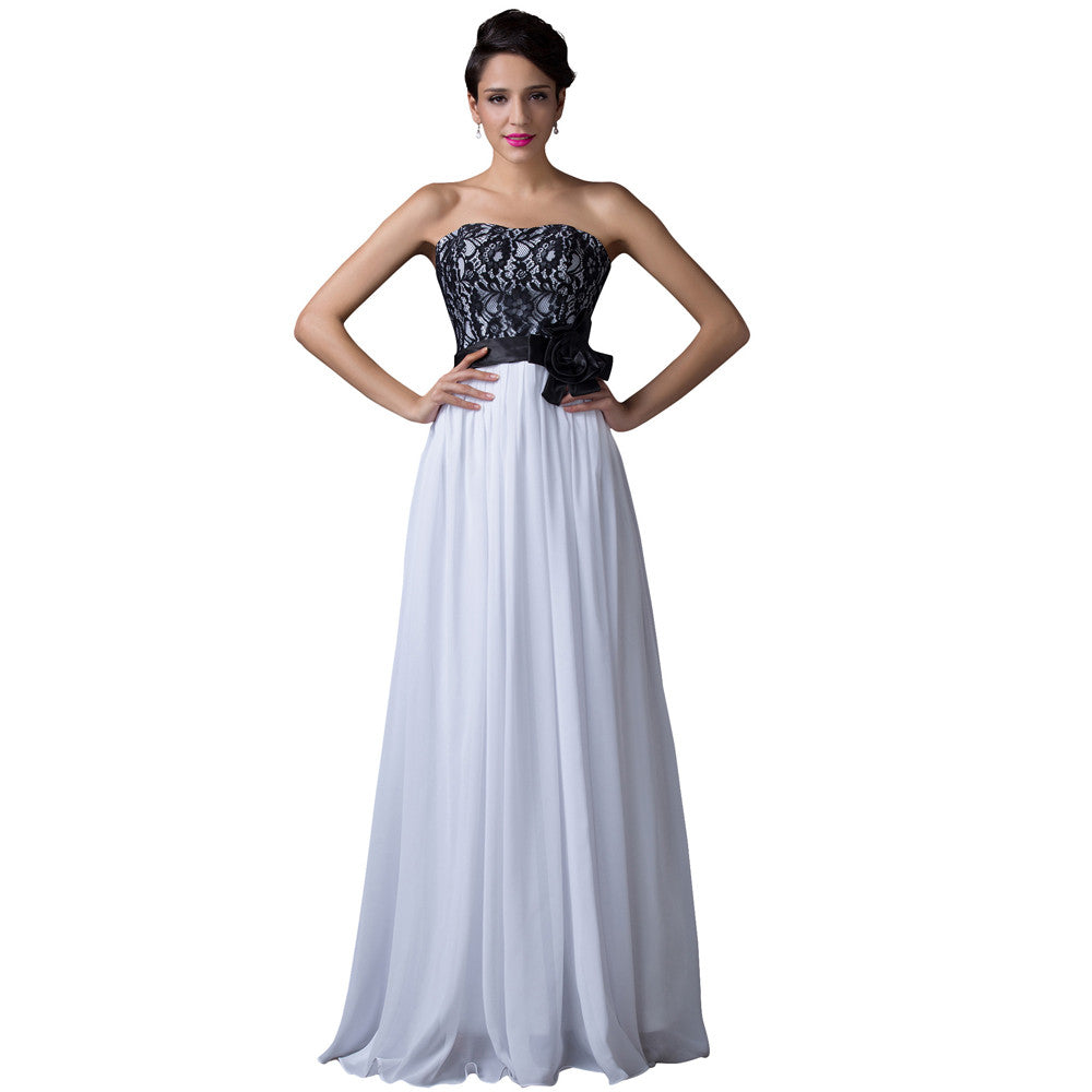 Strapless Black Lace White Chiffon Empire Waist Prom Dress Party Gowns