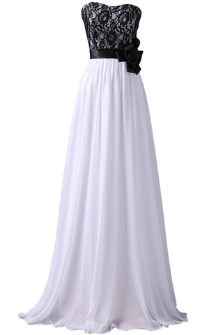 Strapless Black Lace White Chiffon Empire Waist Prom Dress Party Gowns