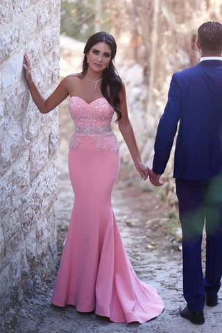 New Arrival Pink Strapless Beaded Long Mermaid Prom Dresses Formal Evening Fancy Dress