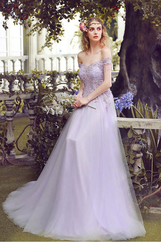 Princess A Line Lace Appliques Off the Shoulder Lilac Long Prom Dresses Formal Evening Dress