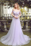 Princess A Line Lace Appliques Off the Shoulder Lilac Long Prom Dresses Formal Evening Dress