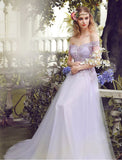 Princess A Line Lace Appliques Off the Shoulder Lilac Long Prom Dresses Formal Evening Dress