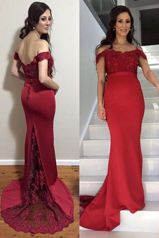 Burgundy Off the Shoulder Lace Appliques Mermaid Prom Dresses Formal Long Evening Dress