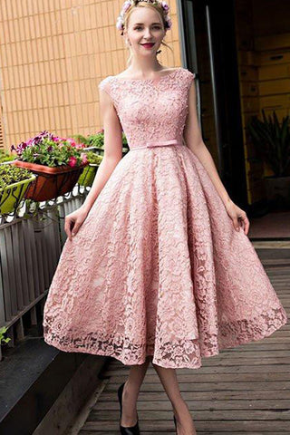 Fashion Cap Sleeves Pink Lace Tea Length Prom Dresses Formal Evening Dress Fancy Gowns