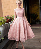 Fashion Cap Sleeves Pink Lace Tea Length Prom Dresses Formal Evening Dress Fancy Gowns