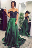 A Line Off the Shoulder Lace Dark Green Long Prom Dresses
