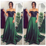 A Line Off the Shoulder Lace Dark Green Long Prom Dresses