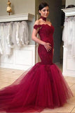 Chic Off the Shoulder Burgundy Mermaid Lace Long Prom Dresses Formal Evening Dress