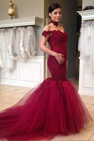 Chic Off the Shoulder Burgundy Mermaid Lace Long Prom Dresses Formal Evening Dress