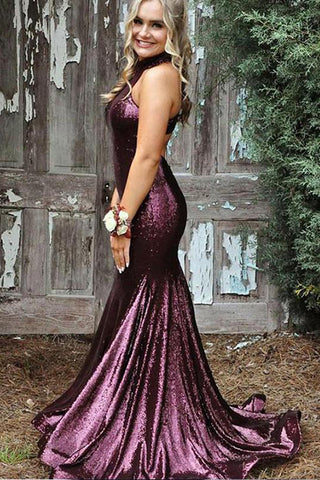 Purple Sequin High Neck Halter Mermaid Prom Dresses Formal Long Evening Fancy Dress