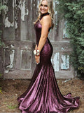 Purple Sequin High Neck Halter Mermaid Prom Dresses Formal Long Evening Fancy Dress