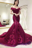 Chic Mermaid Burgundy Ruffles Lace Appliques Long Prom Dresses Formal Evening Dress