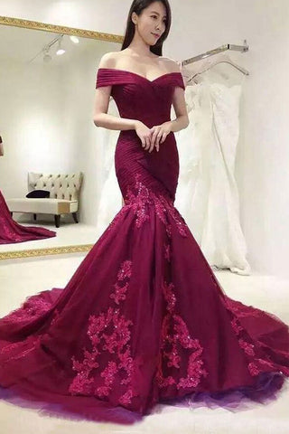 Chic Mermaid Burgundy Ruffles Lace Appliques Long Prom Dresses Formal Evening Dress