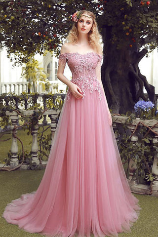 Charming A Line Off the Shoulder Lace Appliques Long Prom Dresses Formal Evening Dress