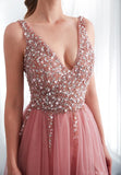 Fashion V Neck Beaded Slit A Line Long Prom Dresses Formal Evening Fancy Dress Gowns