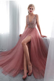 Fashion V Neck Beaded Slit A Line Long Prom Dresses Formal Evening Fancy Dress Gowns