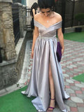 Simple A Line Off the Shoulder Empire Waist Split Long Prom Dresses Formal Evening Dress